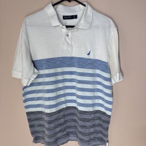 Nautica Polo Mens Size Large White Blue Grey Stripes Cotton